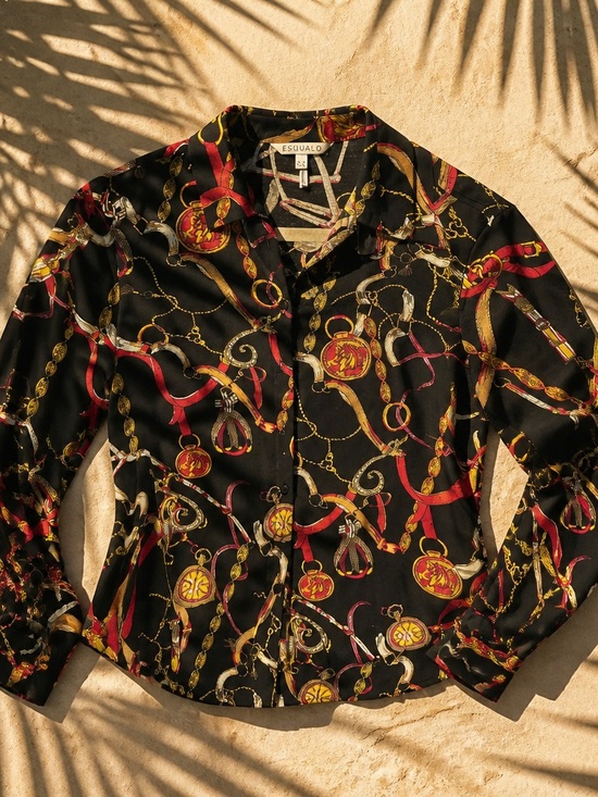ESQUALO Tops - ESQUALO Black Button-Up Blouse with Red and Gold Chain Print